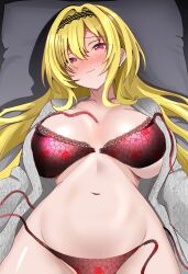 1girl blonde_hair blush bra breasts coat grey_coat groin hairband highres idolmaster idolmaster_cinderella_girls idolmaster_cinderella_girls_starlight_stage kurosaki_chitose lace lace-trimmed_bra lace_trim large_breasts long_hair looking_at_viewer lying navel panties pillow red_bra red_eyes red_panties shingi_(truth_fakesingi) solo underwear