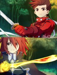 brown_eyes brown_hair coat dual_wielding forest gloves highres holding hzk882 kratos_aurion lloyd_irving long_bangs long_sleeves looking_at_another looking_at_viewer multiple_swords nature purple_coat purple_shirt red_eyes red_gloves red_hair red_shirt shirt suspenders tales_of_(series) tales_of_symphonia