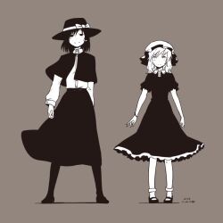 Rule 34 | 2girls, bow, capelet, closed mouth, commentary request, dated, dress, full body, hair between eyes, hat, hat bow, kawashina (momen silicon), long sleeves, looking at viewer, maribel hearn, medium hair, mob cap, monochrome, multiple girls, shirt, short sleeves, signature, simple background, skirt, socks, standing, touhou, usami renko