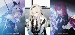 3girls alternate_costume artist_name badge black_bow black_gloves black_hairband black_jacket black_necktie black_ribbon blowing_bubble_gum bow breasts button_badge character_name chinese_commentary chromatic_aberration closed_mouth collared_shirt column_lineup commentary_request cup disposable_coffee_cup disposable_cup drill_hair drill_ponytail earrings eyes_visible_through_hair eyewear_on_head fingerless_gloves firefly_(honkai:_star_rail) fur-trimmed_jacket fur_trim glasses gloves grey_eyes grey_hair hair_between_eyes hair_bow hair_over_one_eye hair_ribbon hairband heavy_chromatic_aberration holding holding_cup holding_umbrella honkai:_star_rail honkai_(series) hood hood_down hooded_jacket jacket jewelry kafka_(honkai:_star_rail) large_breasts long_hair looking_at_viewer medium_breasts multiple_girls necktie one_eye_closed open_clothes open_jacket outdoors pince-nez purple_eyes purple_hair rain ribbon round_eyewear shirt silver_wolf_(honkai:_star_rail) smile spider_web_print srpzk sunglasses umbrella upper_body white_shirt white_umbrella