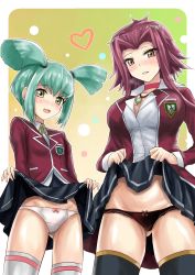 2girls black_panties black_skirt black_thighhighs blush bow bow_panties brown_eyes clothes_lift cowboy_shot dress_shirt duel_academy_uniform_(yu-gi-oh!_5d&#039;s) embarrassed green_hair hair_intakes highres izayoi_aki jacket lifting_own_clothes long_hair long_sleeves looking_at_viewer luca_(yu-gi-oh!) miniskirt multiple_girls open_clothes open_jacket panties parted_lips pink_bow pleated_skirt r-binon red_hair red_jacket shirt skirt skirt_lift standing thighhighs twintails underwear wavy_mouth white_panties white_shirt white_thighhighs yellow_eyes yu-gi-oh! yu-gi-oh!_5d&#039;s