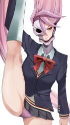 1girl absurdres ajrz alternate_form asymmetrical_mask blazer dandadan gakuran highres jacket long_hair looking_at_viewer miniskirt panties pantyshot pink_hair pink_panties red_eyes red_ribbon ribbon school_uniform shiratori_aira_(dandadan) skirt socks split standing standing_on_one_leg standing_split tall_hair thighs transformation underwear very_long_hair
