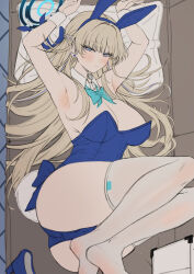 1girl absurdres animal_ears aqua_bow aqua_bowtie bare_shoulders blonde_hair blue_archive blue_eyes blue_hairband blue_leotard bow bowtie breasts detached_collar fake_animal_ears fake_tail hair_spread_out hairband halo highleg highleg_leotard highres legs leotard long_hair looking_at_viewer medium_breasts no_shoes nompang official_alternate_costume playboy_bunny rabbit_ears soles solo strapless strapless_leotard tail thighhighs toki_(blue_archive) toki_(bunny)_(blue_archive) white_thighhighs white_wrist_cuffs wrist_cuffs