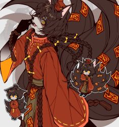 1boy :d absurdres animal_ears black_skin braid brown_hair cherry_oux chibi chibi_inset chinese_clothes colored_skin commentary constricted_pupils fang fox_boy fox_ears fox_tail gradient_skin grey_skin guan_hat hair_between_eyes highres kitsune kyuubi limbus_company long_hair looking_at_viewer male_focus mian_guan multiple_braids multiple_tails open_mouth project_moon shaded_face smile solo symbol-only_commentary tail talisman tongue tongue_out xue_pan_(project_moon) yellow_eyes zoom_layer
