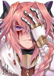 1boy armor astolfo_(fate) black_bow blood blood_on_clothes blood_on_face bow braid coat crazy_smile crossdressing emblem fate/apocrypha fate/grand_order fate_(series) fur-trimmed_coat fur_trim hair_bow hair_intakes male_focus multiple_hair_bows non-web_source pink_hair purple_eyes sarasenia single_braid smile tongue tongue_out trap
