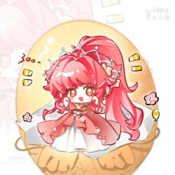 Rule 34 | 1girl, absurdly long hair, bare arms, blush stickers, brooch, chibi, chinese commentary, chinese text, colored eyepatch, commentary request, dress, egg, eyelashes, eyepatch, flower, food-themed creature, frilled dress, frills, gown, hair flower, hair ornament, hands on own cheeks, hands on own face, happy, high ponytail, highres, infinity nikki, jewelry, layered dress, long dress, long hair, nikki (nikki), nikki (series), notice lines, open mouth, outline, pink dress, pink flower, pink hair, ponytail, short sleeves, sidelocks, smile, star brooch, tareme, tiara, translation request, very long hair, white background, white dress, white flower, white outline, yiliwa