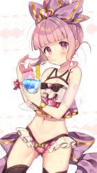1girl back_bow bare_shoulders bikini black_bow black_bowtie black_thighhighs blunt_bangs bow bowtie bracelet breasts brooch cleavage cocktail_glass collarbone commentary_request cowboy_shot cup detached_sleeves drink drinking drinking_glass flower food frilled_bikini frills fruit gold_bracelet granblue_fantasy hair_bow hair_bun hair_ornament hand_in_own_hair heart heart_brooch heart_hair_ornament holding holding_drink jewelry lemon lemon_slice light_brown_hair linaria_(granblue_fantasy) loli pink_bikini pink_bow pink_eyes pink_flower pink_hair plaid_bikini plaid_bow plaid_clothes bad_tag puffy_short_sleeves puffy_sleeves purple_bow see-through_clothes see-through_sleeves short_hair short_sleeves simple_background single_hair_bun small_breasts solo swimsuit thighhighs usamata wavy_hair white_background wrist_bow yellow_bow