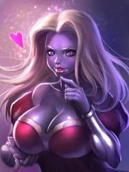 1girl bare_shoulders blonde_hair breasts cleavage colored_skin female_focus gen_1_pokemon heart highres humanization jynx large_breasts lips lipstick long_hair looking_at_viewer makeup nintendo parted_lips personification pokemon purple_eyes purple_skin simple_background smile solo upper_body yuwei_li