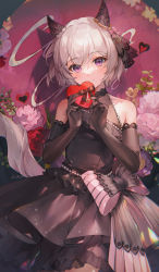 1girl animal_ears black_dress blush bow curren_chan_(sakutsuki_ma_cherie)_(umamusume) curren_chan_(umamusume) dress ear_covers elbow_gloves flower gift gloves heart highres holding holding_gift horse_ears horse_girl kocir lace official_alternate_costume purple_eyes rose short_hair signature smile solo the_promised_time:_silks_&amp;_three_riddles_(umamusume) umamusume white_hair