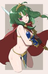 1girl ahoge arm_guards armor bikini_armor blood breasts brown_background bruise cape cowboy_shot cropped_legs etrian_odyssey green_hair hair_ornament hair_tubes head_tilt hero_(sekaiju) hero_2_(sekaiju) highres holding holding_sword holding_weapon injury long_hair low_twintails medium_hair mya-zawa navel one_eye_closed over_shoulder pelvic_curtain pink_eyes red_cape sekaiju_no_meikyuu sekaiju_no_meikyuu_x simple_background small_breasts solo standing sword sword_over_shoulder tiara twintails two-handed two-tone_background variant_set weapon weapon_over_shoulder white_background wince