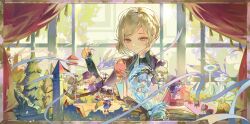 1boy 37_(reverse:1999) 6+girls 6_(reverse:1999) absurdres apple_(reverse:1999) black_coat book border brown_border carbuncle_(reverse:1999) chess_piece chibi chibi_inset coat creature curtains druvis_iii grey_eyes grey_hair hair_bun hand_on_own_cheek hand_on_own_face highres holding holding_chess_piece indoors isolde_(reverse:1999) looking_down mini_person miniboy minigirl multiple_girls open_book pine_tree pop-up_book popo_07274 regulus_(reverse:1999) reverse:1999 short_hair single_side_bun smile sonetto_(reverse:1999) sotheby tower tree vertin_(reverse:1999) water