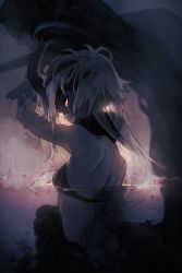 Rule 34 | 1girl, abyssal ship, breasts, from side, highres, horns, kantai collection, long hair, ne-class heavy cruiser, pale skin, partially submerged, red eyes, ruohire9, small breasts, solo, tail, upper body, white hair
