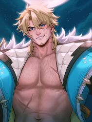 Rule 34 | 1boy, absurdres, artist name, beard stubble, black jacket, blonde hair, blue eyes, chalseu, chest hair, collarbone, commentary, english commentary, facial hair, facial scar, fur-trimmed jacket, fur trim, genshin impact, grin, hair between eyes, highres, jacket, lapels, looking at viewer, male focus, mature male, moon, navel, night, night sky, nipples, open clothes, open jacket, parted bangs, pectorals, scar, scar on cheek, scar on chest, scar on face, scar on neck, scar on stomach, short hair, sky, smile, solo, star (sky), stomach, stubble, teeth, upper body, v-shaped eyebrows, varka (genshin impact)