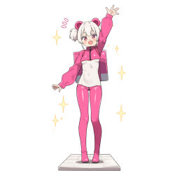 1girl :d animal_ears arm_up backpack bag blush boots breasts commentary_request covered_navel cropped_jacket full_body grey_hair hatsunatsu jacket leotard leotard_under_clothes long_sleeves looking_at_viewer lowleg lowleg_pants notice_lines open_mouth original pants pink_boots pink_jacket pink_pants puffy_long_sleeves puffy_sleeves red_eyes simple_background small_breasts smile solo sparkle standing thigh_boots twintails white_background white_leotard