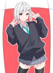1girl alternate_costume aqua_necktie black_cardigan black_thighhighs bob_cut border cardigan closed_mouth colored_inner_hair contrapposto cowboy_shot double_v grey_skirt gyaru hair_intakes hair_ornament hairpin highres inverted_bob inward_v kogal link!_like!_love_live! long_sleeves looking_at_viewer loose_necktie love_live! miniskirt multicolored_hair necktie outline outside_border pleated_skirt potu_sabu red_background red_eyes school_uniform shirt simple_background skirt sleeves_past_wrists smile solo split_mouth standing star_(symbol) star_hair_ornament streaked_hair thighhighs two-tone_hair v virtual_youtuber white_border white_hair white_outline white_shirt yugiri_tsuzuri zettai_ryouiki