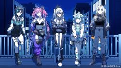 5girls :d animal_print aqua_hair beret black_boots black_bow black_bra black_choker black_hair black_hat black_jacket black_pants black_shirt black_shoes black_shorts black_socks black_tank_top black_thighhighs blonde_hair blue_eyes blue_hair blue_shirt blue_shorts blue_socks blunt_bangs boots bow bra bra_over_clothes braid cargo_pants center-flap_bangs choker closed_mouth colored_inner_hair commentary_request copyright_notice cropped_shirt crossed_arms curtained_hair double-parted_bangs earrings fangs flow_glow_(hololive) full_body grey_hair grey_pants grin hair_bow hair_flaps halter_shirt halterneck hand_in_pocket hand_on_own_hip hat headphones headphones_around_neck heart heart_o-ring highres hololive hololive_dev_is hood hooded_jacket isaki_riona jacket jewelry kikirara_vivi knee_cutout knee_strap koganei_niko lace-up_boots letterman_jacket light_smile lightning_ahoge long_hair long_shirt long_sleeves looking_at_viewer loose_socks low_twin_braids medium_hair midriff mizumiya_su multicolored_hair multiple_girls napio navel navel_piercing night o-ring o-ring_choker o-ring_thigh_strap off-shoulder_shirt off_shoulder official_art one_side_up open_fly open_mouth outdoors pants piercing pink_hair purple_arm_warmers purple_hair purple_pants raglan_sleeves red_eyes rindo_chihaya see-through_clothes see-through_shirt shirt shoes short_shorts shorts side_braid sidelocks sleeveless sleeveless_shirt smile socks standing straight-on straight_hair streaked_hair striped_clothes striped_socks sukajan sweatpants swept_bangs tank_top thigh_strap thighhighs tiger_print torn_clothes torn_pants torn_shirt twin_braids twintails two-tone_pants underwear very_long_hair virtual_youtuber white_hair white_jacket white_pants white_shirt white_sneakers