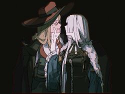 Rule 34 | 2girls, aiguillette, anger vein, black background, black coat, black dress, black vest, blonde hair, brooch, cape, cheek squash, chromatic aberration, closed eyes, closed mouth, coat, coat on shoulders, commentary, dikke, dress, fur-trimmed cape, fur trim, grey hair, highres, jewelry, ligne claire, long hair, mole, mole on cheek, multiple girls, red headwear, reverse:1999, shirt, simple background, sweatdrop, tennant (reverse:1999), upper body, vest, white shirt, zhizhizi