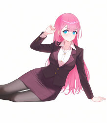 1girl absurdres aderzorns aqua_eyes blush bokutachi_wa_benkyou_ga_dekinai braid breasts collarbone highres kirisu_mafuyu large_breasts light_blush long_hair looking_at_viewer lying on_side pantyhose pencil_skirt pink_hair shirt skirt solo teacher thigh_gap