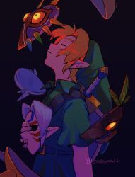 closed_eyes deku_mask esuyaaa12 facing_up fierce_deity green_tunic highres hylian_shield link nintendo pointy_ears shield shield_on_back the_legend_of_zelda the_legend_of_zelda:_majora&#039;s_mask tunic zora