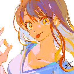 Rule 34 | 1girl, breasts, cleavage, collarbone, eyelashes, long hair, looking at viewer, lowres, medium breasts, nami (one piece), ok sign, one piece, orange eyes, orange hair, senzzang, shirt, signature, single sidelock, solo, tongue, tongue out, upper body, v-neck, wavy hair, white background, white shirt