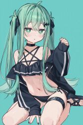 1girl absurdres ahoge aqua_background between_legs bikini black_bikini black_choker black_jacket black_ribbon black_shoes choker flipped_hair frilled_bikini frills full_body green_eyes green_hair hair_intakes hair_ribbon hand_between_legs highres jacket long_hair long_sidelocks looking_at_viewer namin_(anjpzaobmhbppxs) nanase_(namin) navel open_clothes open_jacket original parted_lips pentagram ribbon sandals shoes side-tie_bikini_bottom sidelocks simple_background sitting sleeves_past_wrists solo sparkle_hair_ornament star-shaped_pupils star_(symbol) swimsuit symbol-shaped_pupils toes twintails very_long_hair wariza wet