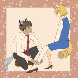 1boy 1girl aggressive_retsuko animal_ears artist_name bandaid black_footwear black_pants blonde_hair blue_skirt blue_vest brown_footwear brown_hair dark-skinned_male dark_skin eye_contact freckles haida_(aggretsuko) high_heels highres invisible_chair long_sleeves looking_at_another necktie pants pommenoireart red_necktie retsuko shirt short_hair sitting skirt tail vest white_shirt
