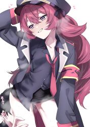 Rule 34 | 1boy, 1girl, absurdres, arm behind head, armband, black coat, black hat, black shirt, black skirt, blue archive, coat, grey eyes, grin, hair between eyes, hat, hetero, highres, iroha (blue archive), leaning forward, long hair, necktie, open clothes, open coat, red armband, red hair, red necktie, shirt, simple background, skirt, smile, solo focus, steaming body, sweat, tonomiya68, white background