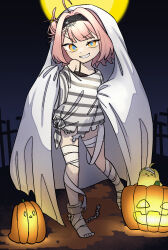1girl ahoge azur_lane bandaged_leg bandages black_bra black_hairband blue_pupils bra full_body grin hair_bun hairband halloween halloween_costume highres looking_at_viewer manjuu_(azur_lane) mitsubasizu night night_sky outdoors petite pink_hair pumpkin shirt short_hair sky smile standing swept_bangs tied_shirt toes u-81_(azur_lane) underwear yellow_eyes