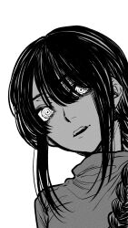 1girl braid chainsaw_man commentary_request greyscale haru_rice highres long_hair monochrome nayuta_(chainsaw_man) open_mouth ringed_eyes shirt sidelocks single_braid solo teeth turtleneck turtleneck_shirt upper_teeth_only