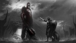 Rule 34 | 6+boys, armor, armored boots, army, boots, breastplate, ckgoksoy, cloud, cloudy sky, crown, divine being, fantasy, fingolfin, full armor, gem, glowing gem, grey sky, holding, holding mace, holding shield, holding sword, holding weapon, mace, morgoth, mountain, multiple boys, shield, shoulder armor, silmaril (gem), sky, sword, the silmarillion, tolkien&#039;s legendarium, weapon, white gemstone