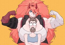 1boy 1girl bandaged_arm bandages beard big_hair blue_eyes breasts brown_hair chest_sarashi closed_mouth eyepatch facial_hair glasses gloves highres horns huge_breasts muscular muscular_female mustache orange_hair original ponytail red_gloves red_horns sarashi second-party_source single_glove tank_top yellow_background zess_(zestyjesus)