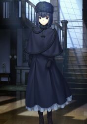 1girl arms_at_sides black_capelet black_dress black_eyes black_gloves black_hair black_hat bob_cut boots brown_boots capelet closed_mouth dress expressionless fate/grand_order fate_(series) feet_out_of_frame fur-trimmed_capelet fur_hat fur_trim game_cg gloves hat indoors koyama_hirokazu kuonji_alice long_dress long_sleeves looking_at_viewer official_art short_hair solo standing third-party_source variant_set