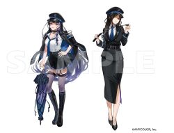 Rule 34 | 2girls, belt, black belt, black boots, black jacket, black skirt, blue necktie, boots, breasts, cleavage, closed mouth, fishnet thighhighs, fishnets, full body, grey thighhighs, hand on own hip, hat, high heels, holding, holding umbrella, jacket, jacket on shoulders, knee boots, long hair, long skirt, looking at viewer, mayutsuba mono, meloco kyoran, military hat, military uniform, multiple girls, necktie, nijisanji, nijisanji en, official art, police, police hat, police uniform, policewoman, sample watermark, shirayuki tomoe, shirt, simple background, skirt, thighhighs, umbrella, virtual youtuber, watermark, white background, white shirt