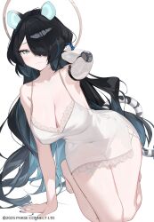 Rule 34 | 1girl, absurdres, animal ears, bare shoulders, barefoot, black hair, blue eyes, blue hair, blush, body markings, breasts, cleavage, collarbone, colored inner animal ears, commentary, english commentary, erina makina, frilled nightgown, hair over one eye, highres, large breasts, long hair, looking at viewer, mechanical arms, monoco55, multicolored hair, nightgown, phase connect, see-through clothes, simple background, single mechanical arm, sleepwear, smile, solo, streaked hair, tail, tiger ears, tiger girl, tiger tail, virtual youtuber, white background, white nightgown