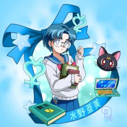 1girl bespectacled bishoujo_senshi_sailor_moon blue_eyes blue_hair blue_ribbon blue_skirt book character_name chibi chibi_inset commentary commission drachea_rannak earrings english_commentary glasses highres holding holding_book jewelry long_sleeves luna_(sailor_moon) mizuno_ami pda pleated_skirt ribbon school_uniform serafuku short_hair skirt sleeves_past_wrists sweater watermark white_sweater