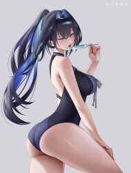 Rule 34 | 1girl, ;p, artist name, ass, avene chan, black hair, blue eyes, blue hair, blue one-piece swimsuit, blush, breasts, chain, chain headband, colored inner hair, drawstring, fingernails, food, from side, glint, hair intakes, hand up, hashtag-only commentary, high ponytail, highres, holding, holding food, holding popsicle, hololive, hololive english, holonatsu paradise, large breasts, long hair, looking at viewer, multicolored hair, official alternate costume, one-piece swimsuit, one eye closed, ouro kronii, ouro kronii (holonatsu paradise), ponytail, popsicle, shoulder blades, simple background, solo, swimsuit, thick thighs, thighs, tongue, tongue out, turning head, two-tone hair, very long hair, virtual youtuber