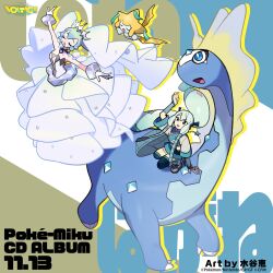 2girls aqua_hair artist_name aurorus blue_eyes blue_hair bracelet closed_eyes commentary_request company_name copyright_name copyright_notice creatures_(company) diamond_(shape) dress dual_persona floating game_freak gen_3_pokemon gen_6_pokemon gloves green_hair hat hatsune_miku highres japanese_clothes jewelry jirachi kimono legendary_pokemon logo long_hair mizutani_megumi multicolored_hair multiple_girls mythical_pokemon nintendo official_art open_mouth partial_commentary pendant_choker pokemon pokemon_(creature) project_voltage rock_miku_(project_voltage) sandogasa second-party_source skirt smile steel_miku_(project_voltage) tanzaku thighhighs tiara twintails very_long_hair vocaloid white_gloves