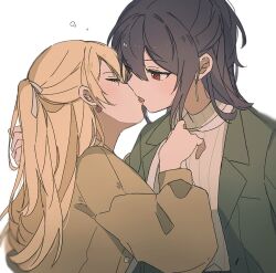 2girls bang_dream! black_hair blonde_hair blush bow brown_footwear closed_eyes earrings facing_another floating_earring french_kiss green_jacket hair_bow half_updo high_ponytail jacket jewelry kiss long_hair long_sleeves multiple_girls open_mouth ponytail red_eyes seri_(vyrlw) seta_kaoru shirasagi_chisato tongue tongue_out turtleneck twintails white_background white_bow yuri