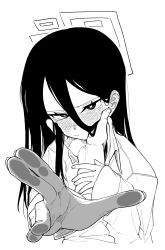 Rule 34 | 1girl, asahina yoshitoshi, blue archive, blush, closed mouth, collared shirt, ear blush, greyscale, hair between eyes, halo, hand on another&#039;s chin, highres, kei (blue archive), long hair, looking at viewer, monochrome, pov, pov hands, shirt, simple background, sleeves past wrists, solo focus, white background