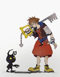 1boy antennae belt blue_belt blue_eyes brown_hair charm_(object) crown_necklace eye_contact fingerless_gloves full_body gloves heartless_(kingdom_hearts) highres holding holding_weapon hood hood_down hooded_jacket jacket jewelry keyblade kingdom_hearts kingdom_hearts_i looking_at_another male_focus mim_(mimya0600) necklace pants parted_bangs parted_lips red_pants red_shirt shirt shoes short_hair simple_background sora_(kingdom_hearts) standing teeth unzipped weapon white_background white_gloves yellow_eyes yellow_shoes zipper