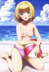 1girl ball beach beachball bikini bikini_bottom_only blonde_hair blue_eyes blush bob_cut breasts female_focus heavy_object highres milinda_brantini nipples nude_filter pink_bikini sand short_hair small_breasts smile solo swimsuit third-party_edit topless_female