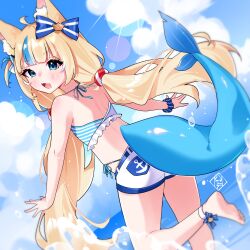 1girl absurdres anchor_symbol animal_ear_fluff animal_ears ass bare_arms bare_shoulders barefoot bikini bikini_under_clothes blonde_hair blue_eyes blue_hair blue_sky blush bow cat_ears cloud commentary_request day dutch_angle ear_bow fang fins fish_girl fish_tail frilled_bikini frills from_behind hayate_fish highleg highleg_bikini highres horizon indie_virtual_youtuber long_hair looking_at_viewer looking_back low_twintails multicolored_hair ocean one_side_up outdoors sameko_saba short_shorts shorts side-tie_bikini_bottom sky solo standing standing_on_one_leg streaked_hair striped_bikini striped_bow striped_clothes swimsuit tail twintails very_long_hair virtual_youtuber water white_shorts