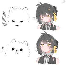 1girl antenna_hair bare_shoulders black_hair closed_mouth colored_inner_hair commentary_request cropped_shoulders earrings female_rover_(wuthering_waves) fluffy_white_puppy_expressions_(meme) hair_ribbon highres jewelry looking_at_viewer meme multicolored_hair multiple_views ribbon rover_(wuthering_waves) short_hair starblame triangle_earrings white_hair wuthering_waves yellow_eyes yellow_ribbon