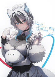 1girl animal_ear_fluff animal_ears apron blue_eyes breasts chain fur_trim genyaky gloves hakurou_lufu_(vtuber) half_gloves highres indie_virtual_youtuber large_breasts long_sleeves looking_at_viewer maid maid_apron maid_headdress medium_hair multicolored_hair simple_background smile solo standing tail virtual_youtuber white_background white_gloves