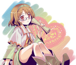 blush boots brown_eyes brown_hair collarbone gensou_suikoden gensou_suikoden_tierkreis glasses hairband mako_(lovely_panda_house) moana smile
