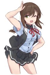 Rule 34 | 1girl, alternate costume, black hair, black skirt, black vest, blue shirt, collared shirt, commentary request, dress shirt, fubuki (kancolle), fubuki kai ni (kancolle), green eyes, highres, kantai collection, long hair, low ponytail, minosu, one eye closed, original remodel (kantai collection), pleated skirt, ponytail, salute, shirt, sidelocks, skirt, solo, vest