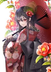 Rule 34 | 1girl, akatsuki hijiri, black hair, commission, fate/grand order, fate (series), floral print, flower, hair flower, hair ornament, highres, japanese clothes, kimono, long hair, oda nobunaga (fate), oda nobunaga (koha-ace), oda uri, oil-paper umbrella, print kimono, red eyes, red kimono, skeb commission, umbrella