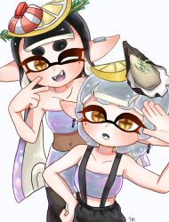 Rule 34 | 2girls, black hair, blunt bangs, blush, bodystocking, callie (splatoon), callie (summer nights) (splatoon), collarbone, cowboy shot, earrings, facing viewer, fangs, food, fruit, grey hair, hand on own hip, hand up, inkling, jewelry, lemon, lemon slice, long hair, looking at viewer, marie (splatoon), marie (summer nights) (splatoon), mole, mole under eye, multicolored hair, multiple girls, nintendo, open mouth, oyster, pointy ears, purple hair, shrimp, skirt, smile, splatoon (series), splatoon 3, strapless, suspenders, tentacle hair, tube top, two-tone hair, u m e u m, v, white background, yellow eyes