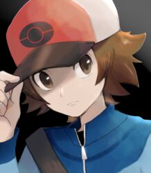 1boy black_shirt blue_jacket brown_eyes brown_hair closed_mouth hand_on_headwear hand_up hat highres hilbert_(pokemon) jacket long_sleeves looking_to_the_side male_focus nakikot_t nintendo pokemon pokemon_bw shirt short_hair solo strap upper_body zipper_pull_tab