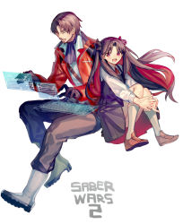 1boy 1girl black_gloves black_hair brown_hair dress facial_hair fate/grand_order fate_(series) father_and_daughter gloves goatee holographic_interface hugging_own_legs ishtar_(fate) computer_keyboard mebaru multicolored_hair pinafore_dress red_eyes red_hair scarf school_uniform sleeveless_dress space_ishtar_(fate) tohsaka_tokiomi two-tone_hair white_background